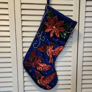 Elegant Blue and Red Sequined Holiday Stocking